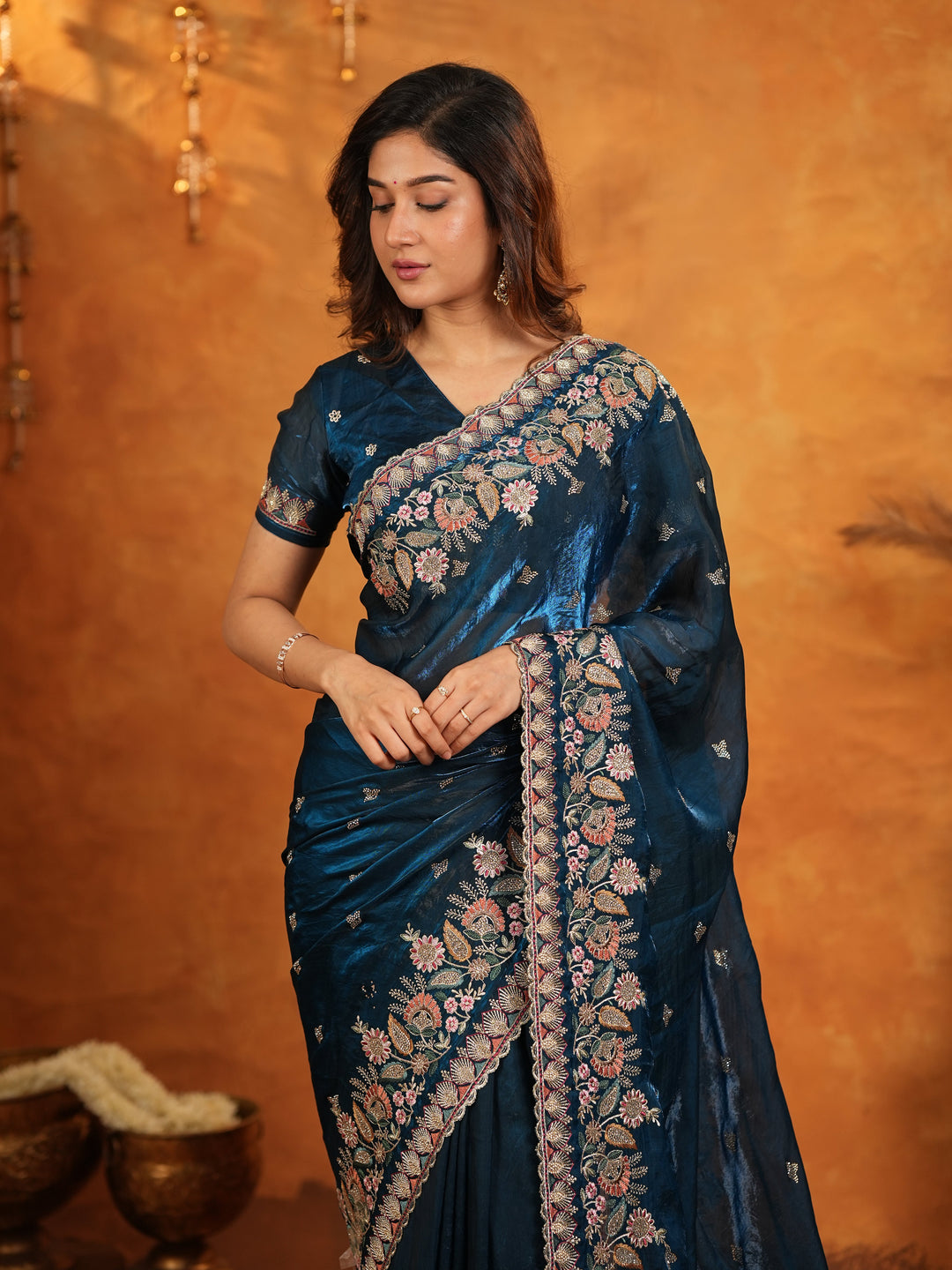 Royal Navy Blue Fendy Satin Embroidered Saree with Heavy Floral Border & Tassels | Designer Saree with Rich Embroidered Blouse