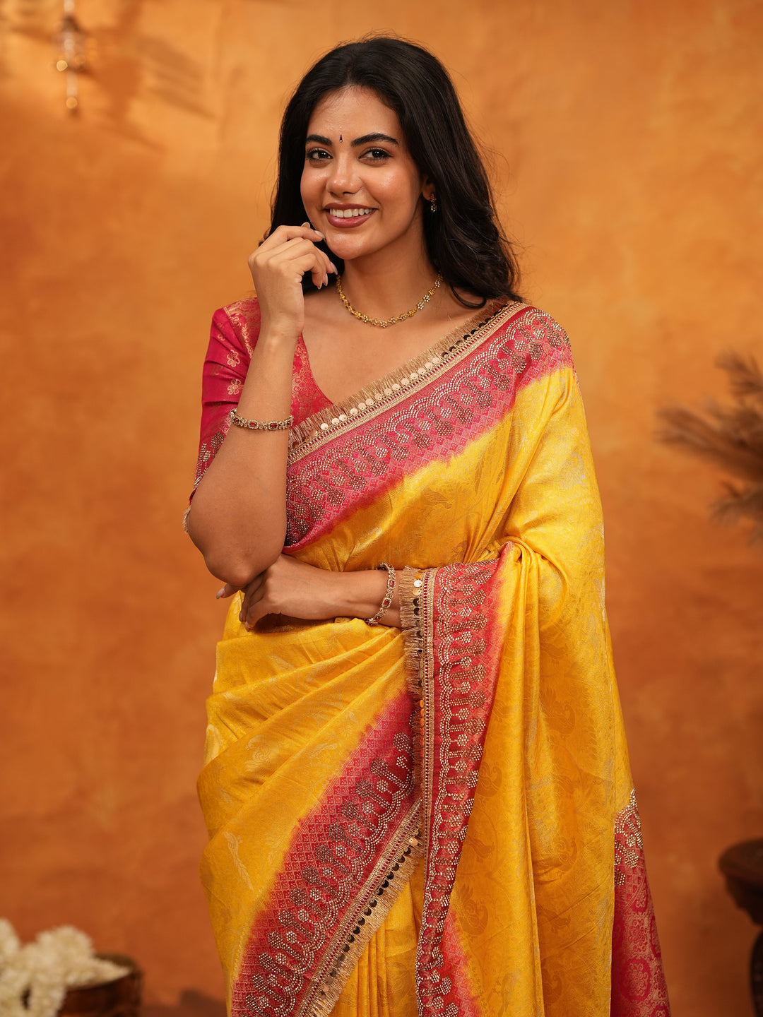 Vibrant Yellow Banarasi Silk Saree with Red Contrast Zari Border & Rich Woven Pallu | Designer Festive & Wedding Wear Saree
