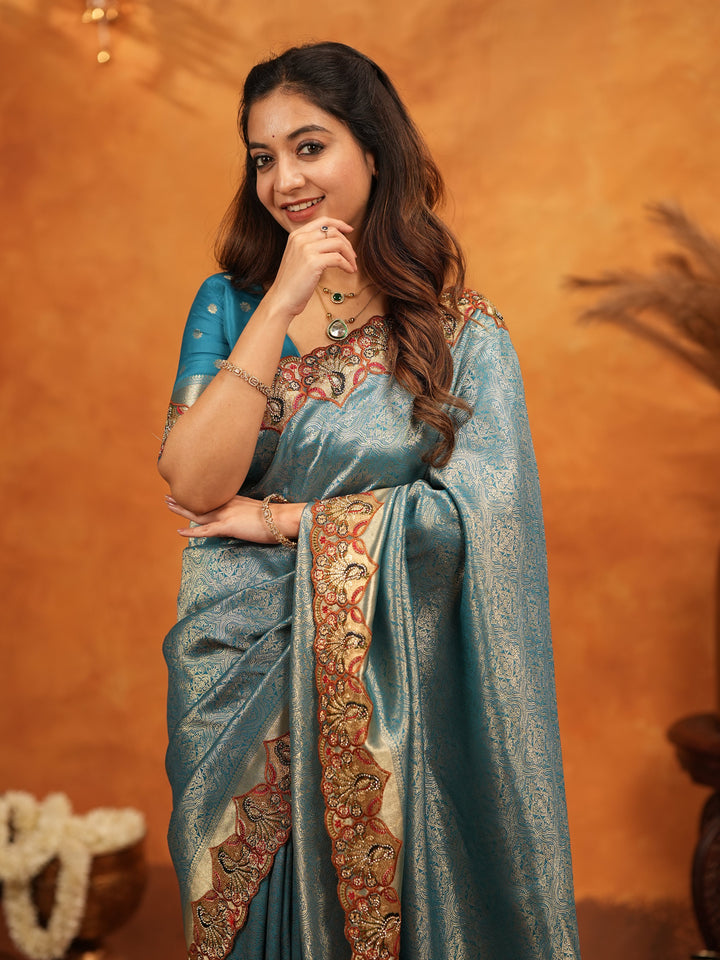 Teal Blue Banarasi Silk Saree with Intricate Zari Weaving & Heavy Embroidered Border | Designer Festive Wedding Wear Saree with Blouse & Tassels