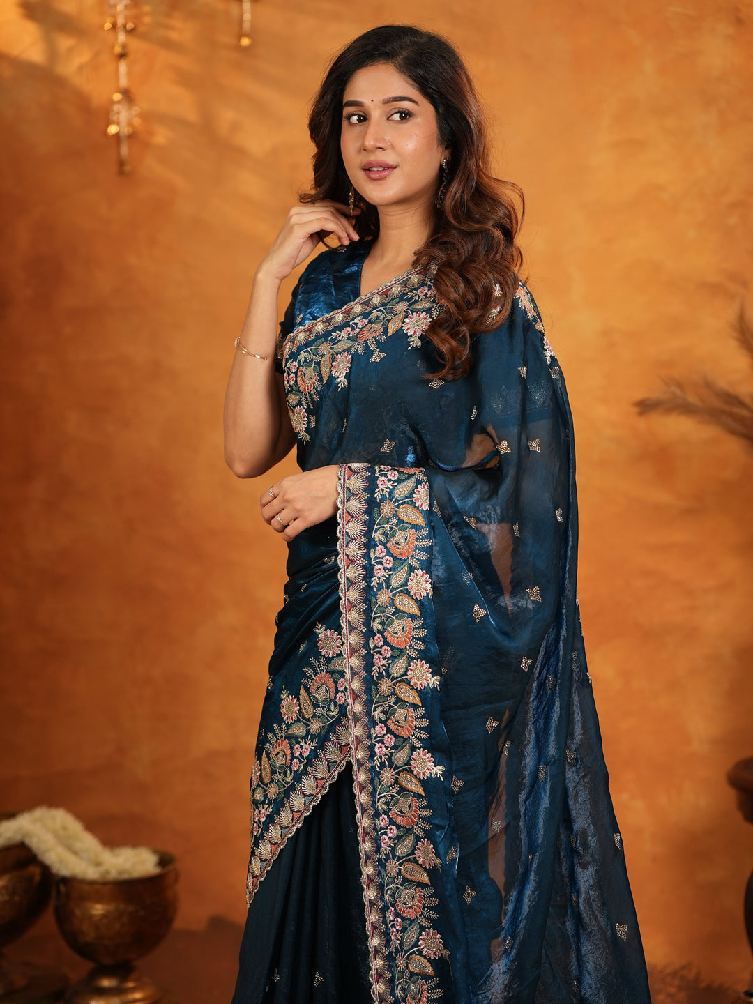 Royal Navy Blue Fendy Satin Embroidered Saree with Heavy Floral Border & Tassels | Designer Saree with Rich Embroidered Blouse