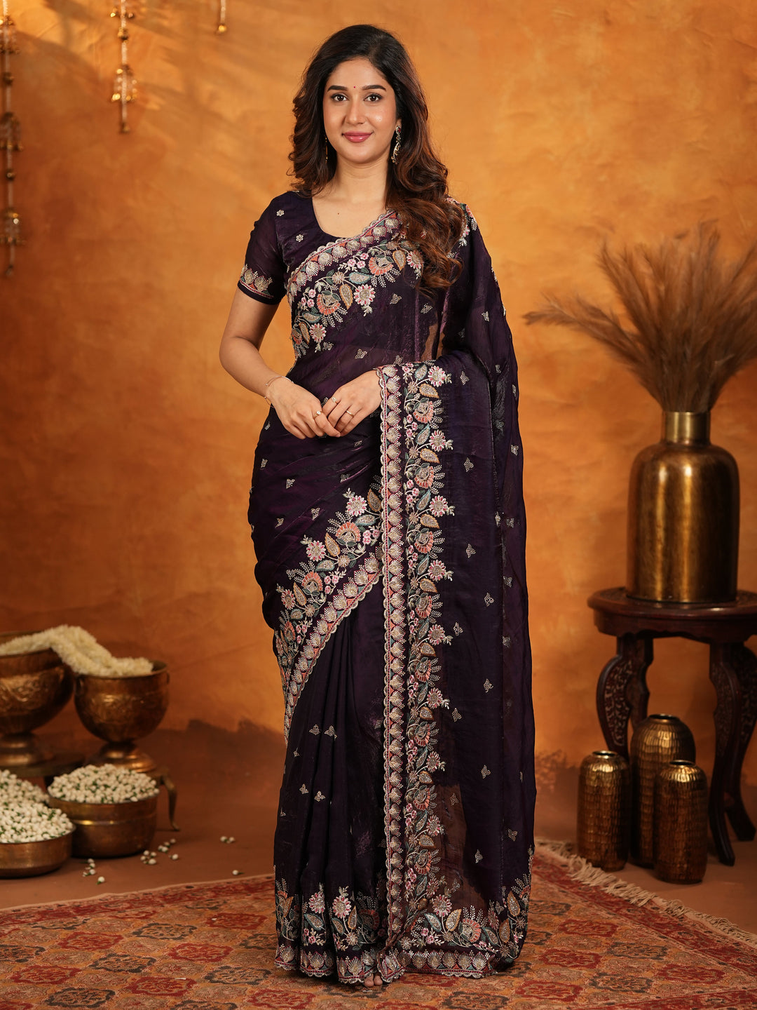 Deep Wine Purple Fendy Satin Embroidered Saree with Floral Border & Designer Pallu | Party Wear Saree with Heavy Embroidered Blouse