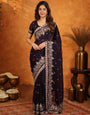 Deep Wine Purple Fendy Satin Embroidered Saree with Floral Border & Designer Pallu | Party Wear Saree with Heavy Embroidered Blouse