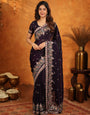 Deep Wine Purple Fendy Satin Embroidered Saree with Floral Border & Designer Pallu | Party Wear Saree with Heavy Embroidered Blouse