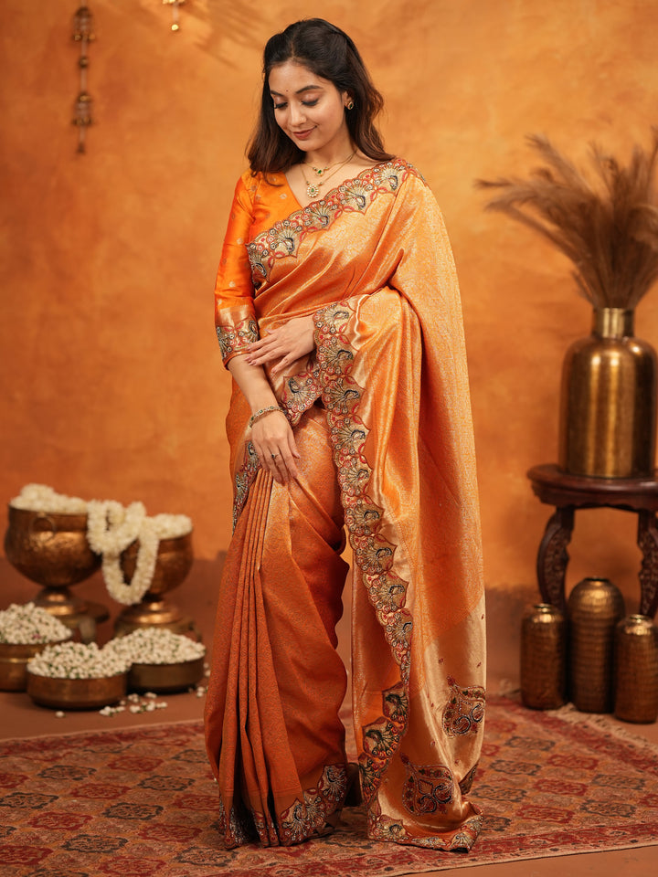 Rust Orange Banarasi Silk Embroidered Saree with Royal Floral Border & Zari Weaving | Heavy Embroidered Blouse with Tassels | Wedding & Festive Wear Saree