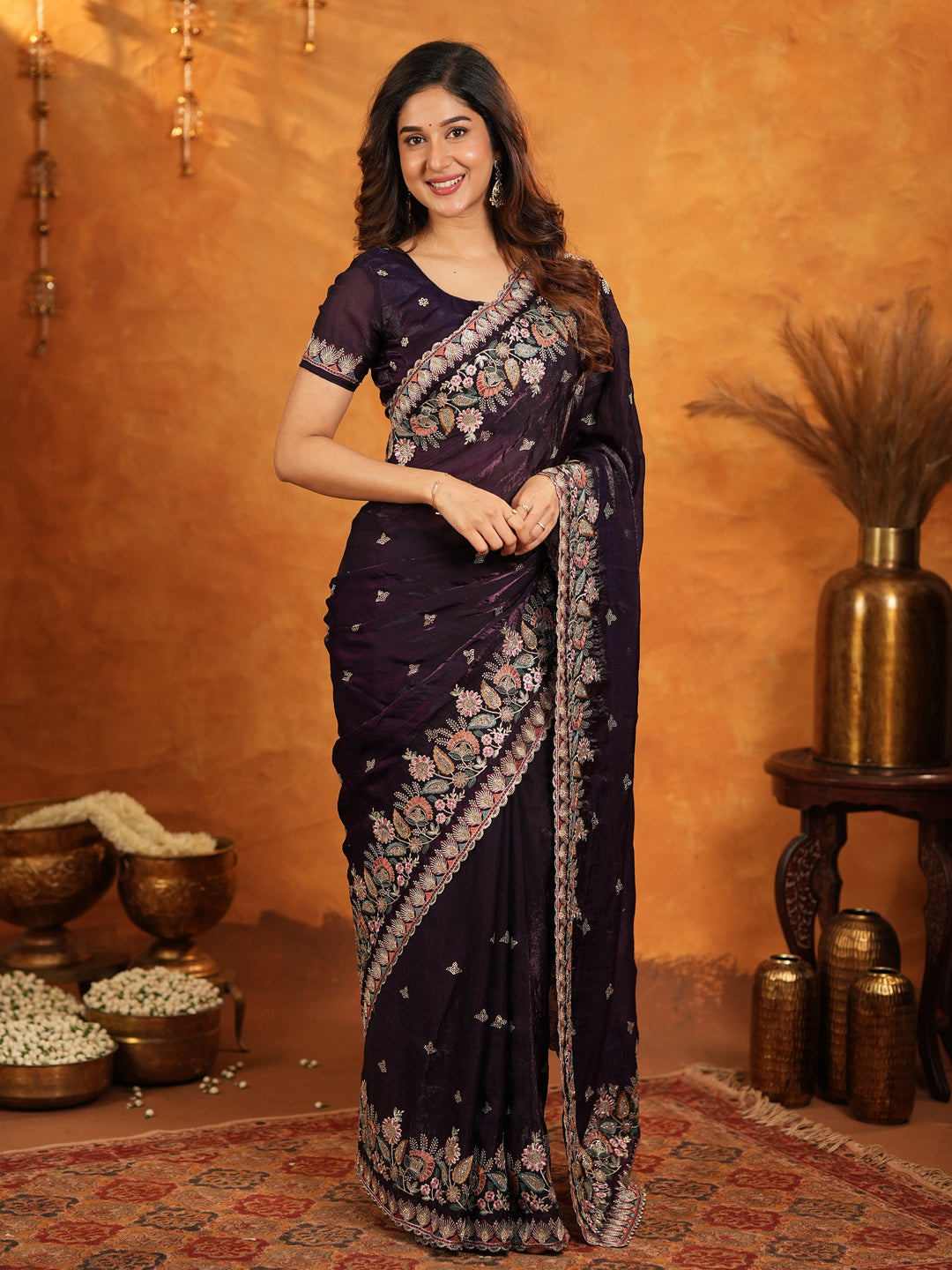 Deep Wine Purple Fendy Satin Embroidered Saree with Floral Border & Designer Pallu | Party Wear Saree with Heavy Embroidered Blouse
