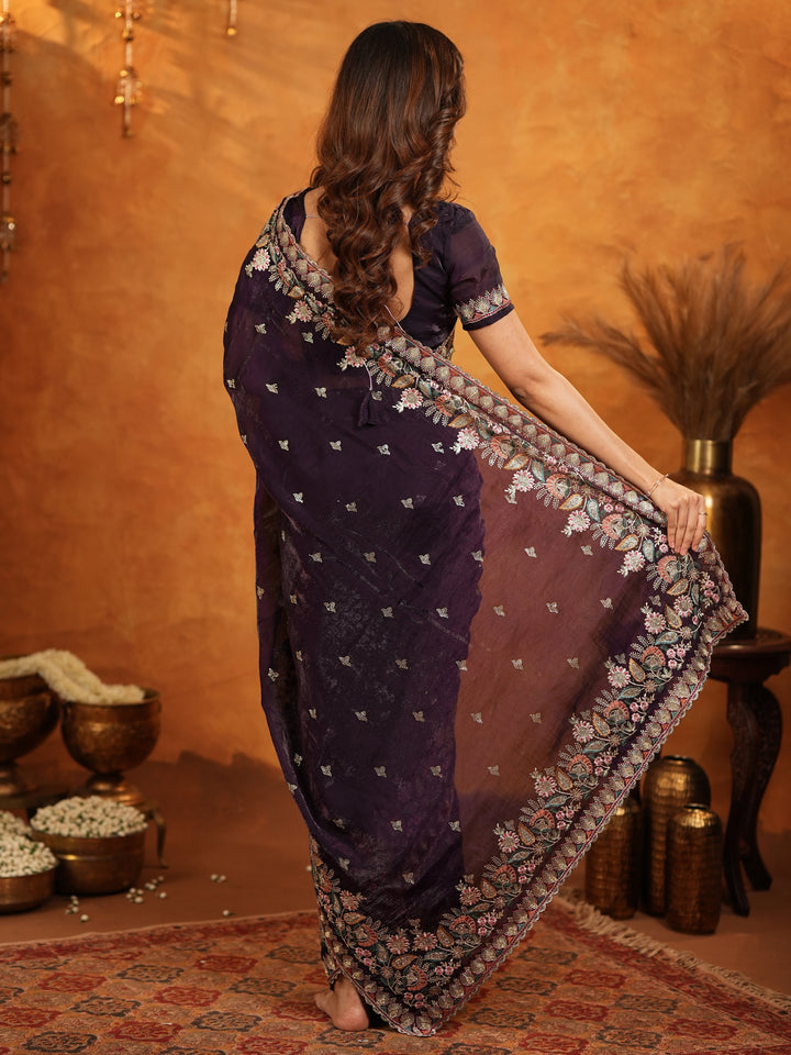 Deep Wine Purple Fendy Satin Embroidered Saree with Floral Border & Designer Pallu | Party Wear Saree with Heavy Embroidered Blouse