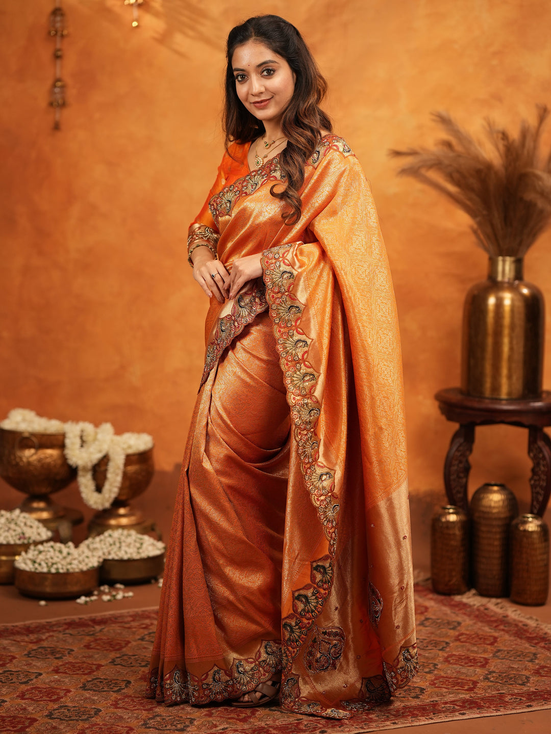 Rust Orange Banarasi Silk Embroidered Saree with Royal Floral Border & Zari Weaving | Heavy Embroidered Blouse with Tassels | Wedding & Festive Wear Saree