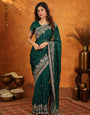 Emerald Green Fendy Satin Embroidered Saree with Heavy Floral Border & Tassels | Designer Saree with Rich Embroidered Blouse