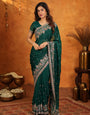 Emerald Green Fendy Satin Embroidered Saree with Heavy Floral Border & Tassels | Designer Saree with Rich Embroidered Blouse