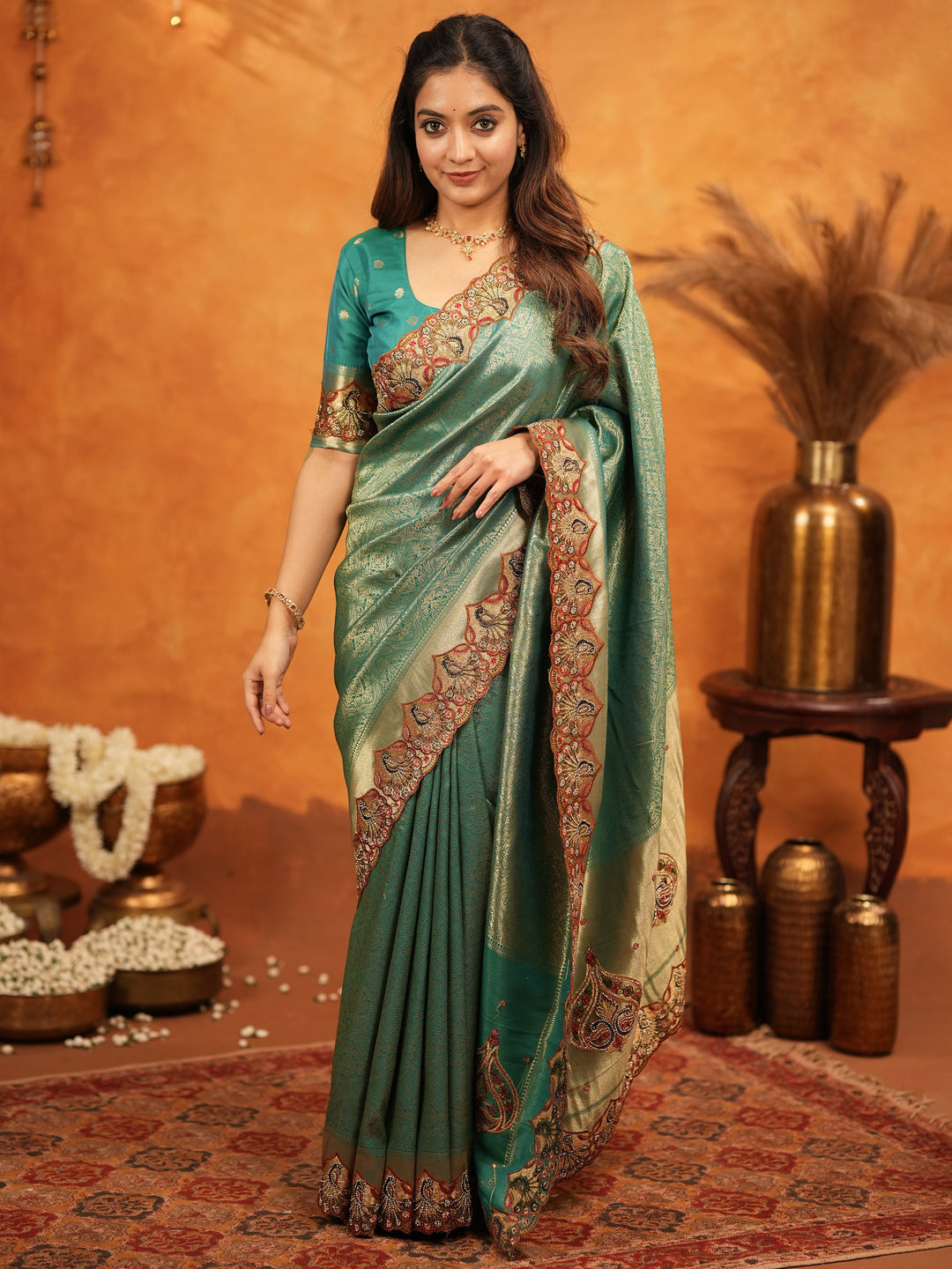 Teal Green Banarasi Silk Embroidered Saree with Royal Paisley Border & Zari Weaving | Heavy Embroidered Blouse with Tassels | Wedding & Festive Wear Saree