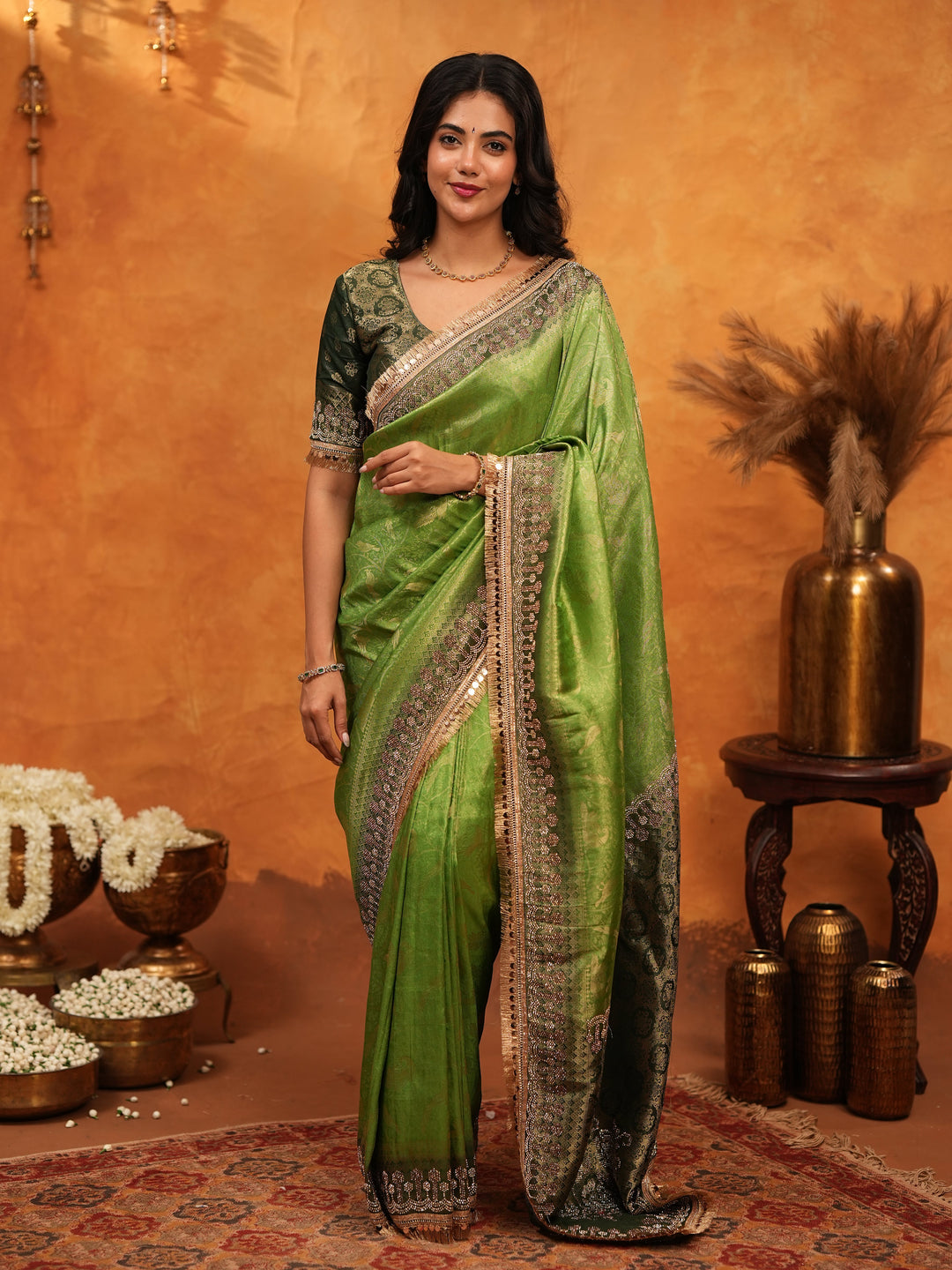 Elegant Parrot Green Banarasi Silk Saree with Rich Zari Border & Contrast Blouse | Designer Wedding & Festive Wear Saree