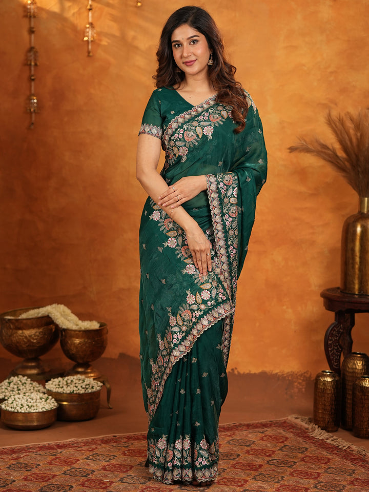 Emerald Green Fendy Satin Embroidered Saree with Heavy Floral Border & Tassels | Designer Saree with Rich Embroidered Blouse