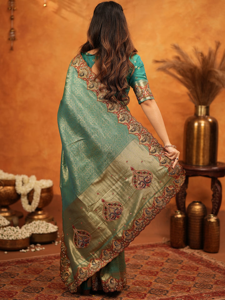 Teal Green Banarasi Silk Embroidered Saree with Royal Paisley Border & Zari Weaving | Heavy Embroidered Blouse with Tassels | Wedding & Festive Wear Saree