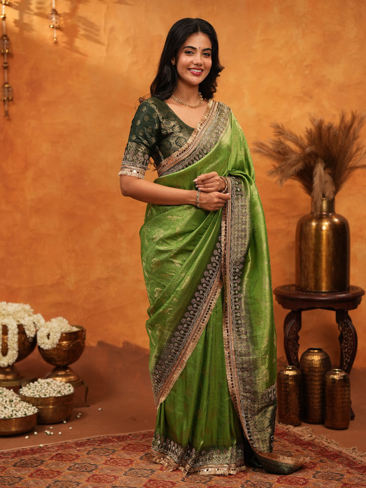 Elegant Parrot Green Banarasi Silk Saree with Rich Zari Border & Contrast Blouse | Designer Wedding & Festive Wear Saree