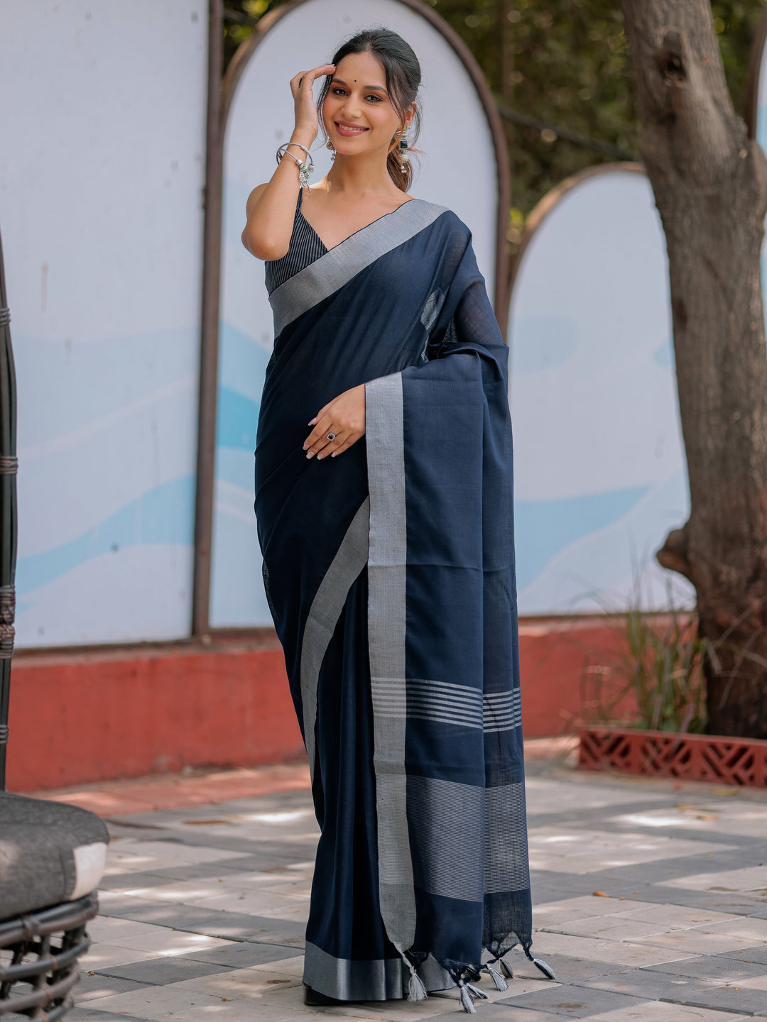 Elegant Midnight Navy Blue Pure Handloom Cotton Saree with Silver Border & Tassel Detailing