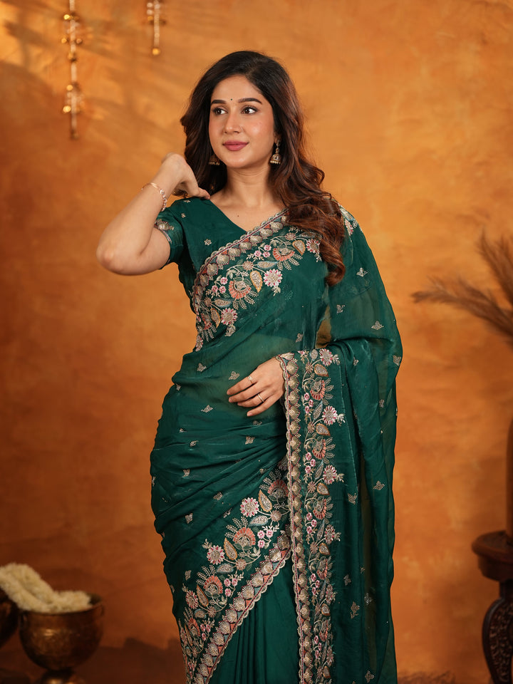Emerald Green Fendy Satin Embroidered Saree with Heavy Floral Border & Tassels | Designer Saree with Rich Embroidered Blouse
