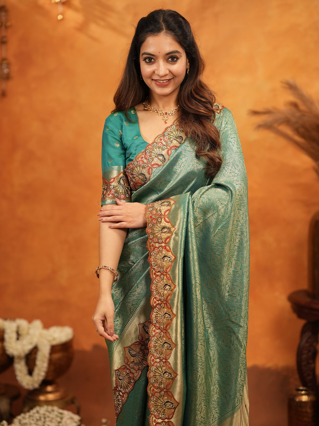 Teal Green Banarasi Silk Embroidered Saree with Royal Paisley Border & Zari Weaving | Heavy Embroidered Blouse with Tassels | Wedding & Festive Wear Saree