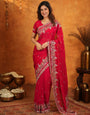 Rani Pink Fendy Satin Embroidered Saree with Heavy Floral Border & Designer Pallu | Festive Party Wear Saree with Embroidered Blouse