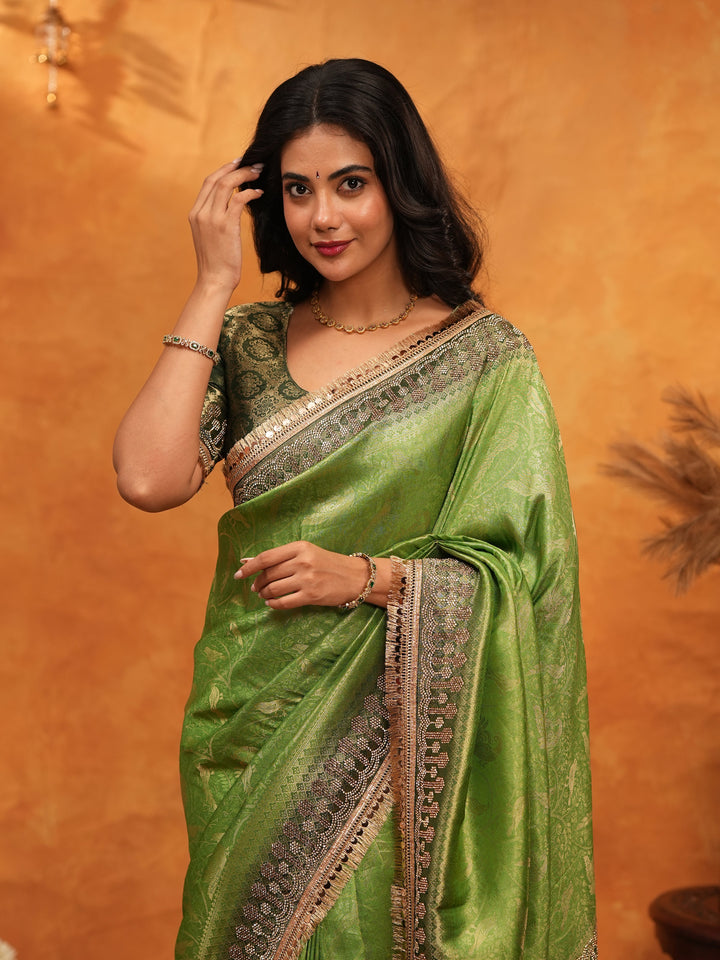 Elegant Parrot Green Banarasi Silk Saree with Rich Zari Border & Contrast Blouse | Designer Wedding & Festive Wear Saree