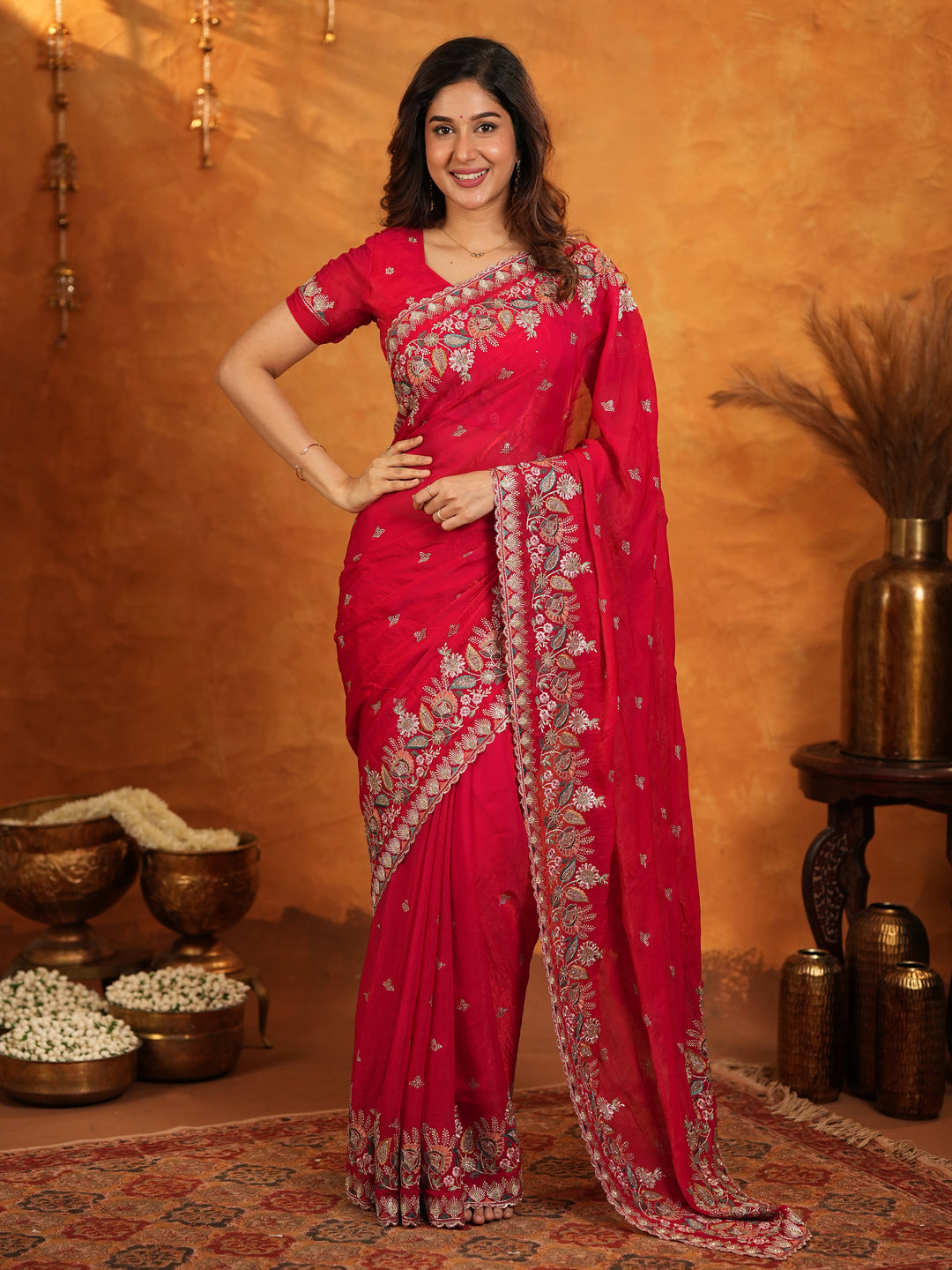 Rani Pink Fendy Satin Embroidered Saree with Heavy Floral Border & Designer Pallu | Festive Party Wear Saree with Embroidered Blouse