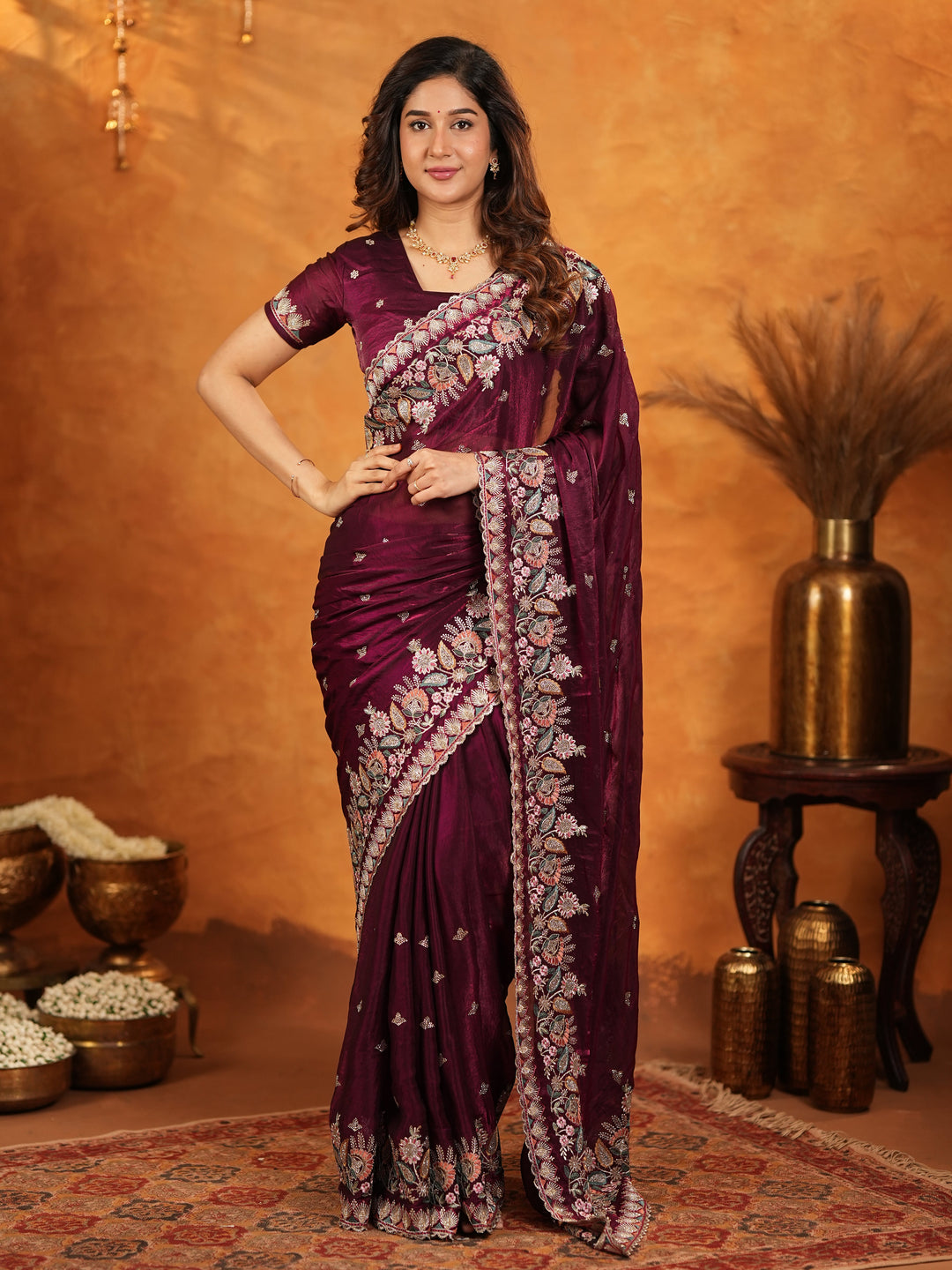 Deep Wine Purple Fendy Satin Embroidered Saree with Heavy Floral Border & Tassels | Designer Saree with Rich Embroidered Blouse