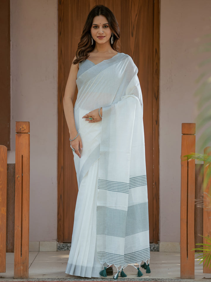 Pure White & Teal Blue Handloom Cotton Saree with Minimal Striped Border & Tassel Detailing