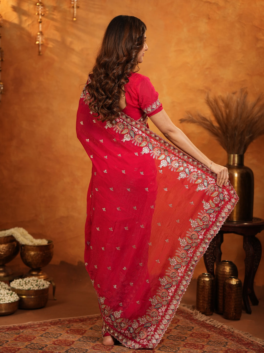 Rani Pink Fendy Satin Embroidered Saree with Heavy Floral Border & Designer Pallu | Festive Party Wear Saree with Embroidered Blouse