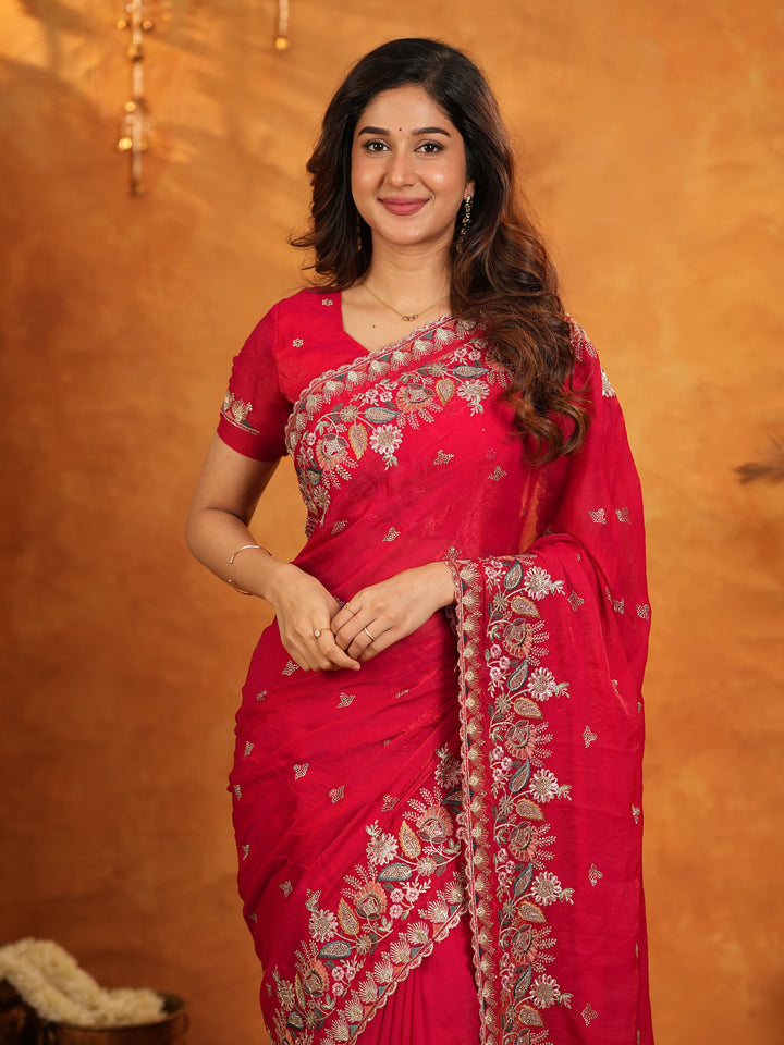 Rani Pink Fendy Satin Embroidered Saree with Heavy Floral Border & Designer Pallu | Festive Party Wear Saree with Embroidered Blouse