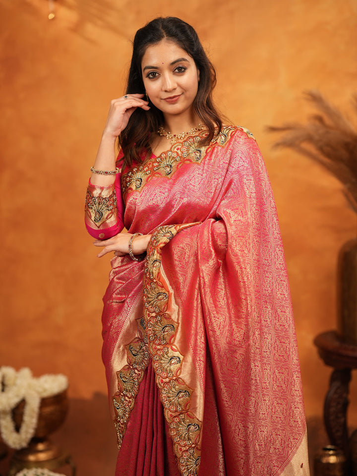 Rani Pink Banarasi Silk Saree with Rich Zari Weaving & Heavy Embroidered Border | Designer Wedding Wear Saree with Embroidered Blouse & Tassels