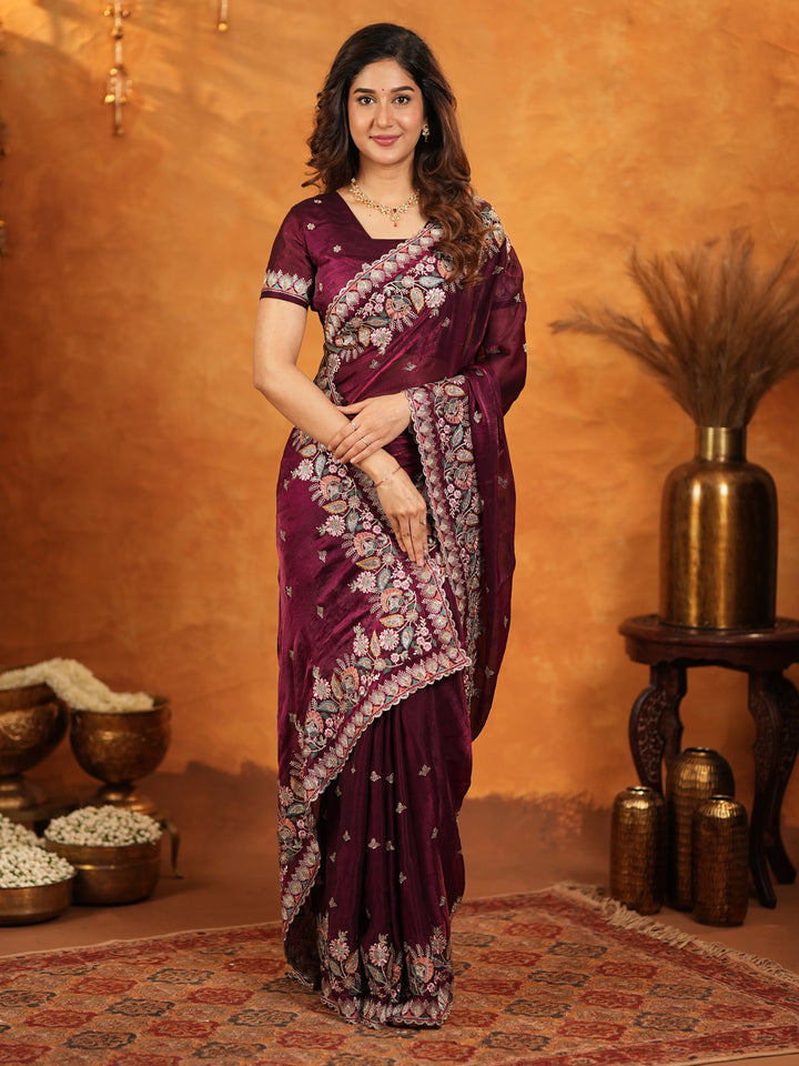 Deep Wine Purple Fendy Satin Embroidered Saree with Heavy Floral Border & Tassels | Designer Saree with Rich Embroidered Blouse
