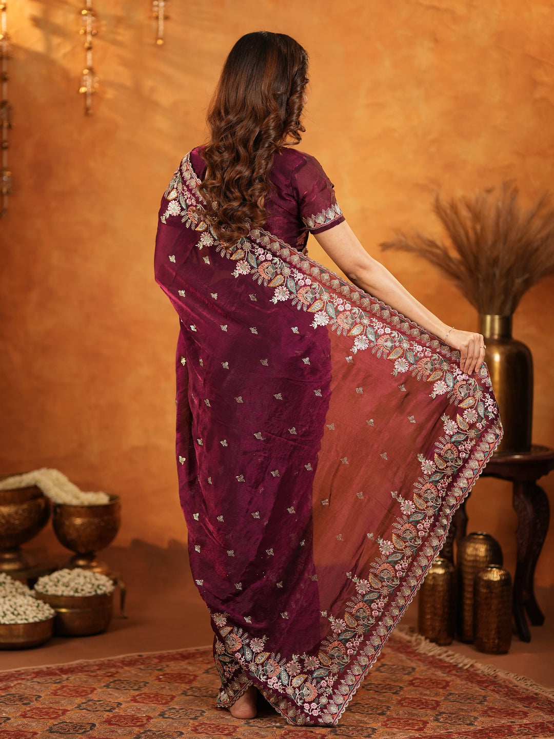 Deep Wine Purple Fendy Satin Embroidered Saree with Heavy Floral Border & Tassels | Designer Saree with Rich Embroidered Blouse