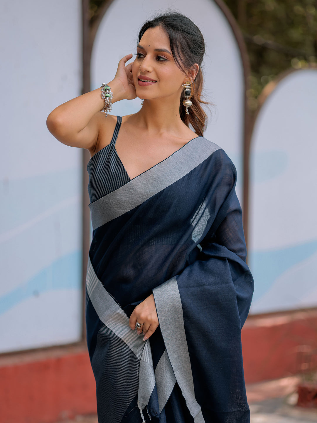 Elegant Midnight Navy Blue Pure Handloom Cotton Saree with Silver Border & Tassel Detailing