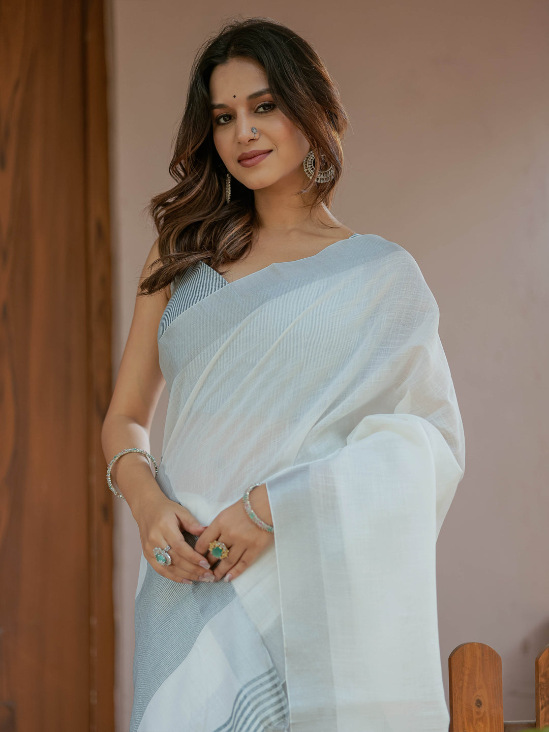 Pure White & Teal Blue Handloom Cotton Saree with Minimal Striped Border & Tassel Detailing