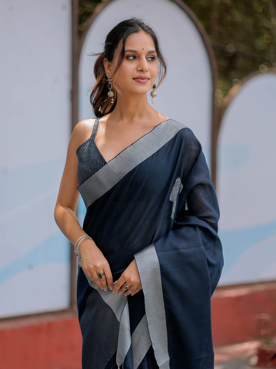 Elegant Midnight Navy Blue Pure Handloom Cotton Saree with Silver Border & Tassel Detailing