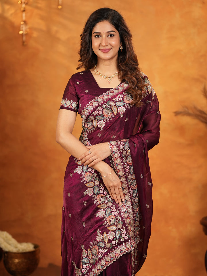 Deep Wine Purple Fendy Satin Embroidered Saree with Heavy Floral Border & Tassels | Designer Saree with Rich Embroidered Blouse