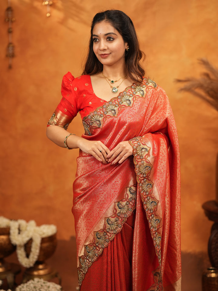 Classic Red Banarasi Silk Saree with Rich Zari Weaving & Heavy Embroidered Border | Designer Wedding Wear Saree with Blouse & Tassels