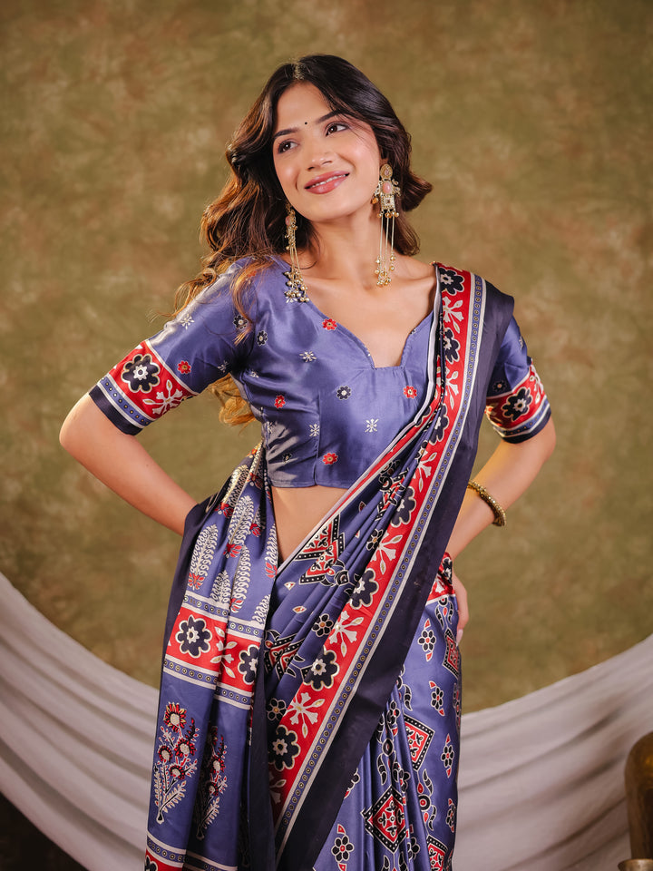 Steel Blue Pure Chinnon Ajrakh Printed Saree with Tassel Edges, Traditional Ethnic Print & Matching Blouse Piece