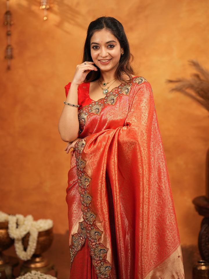 Classic Red Banarasi Silk Saree with Rich Zari Weaving & Heavy Embroidered Border | Designer Wedding Wear Saree with Blouse & Tassels