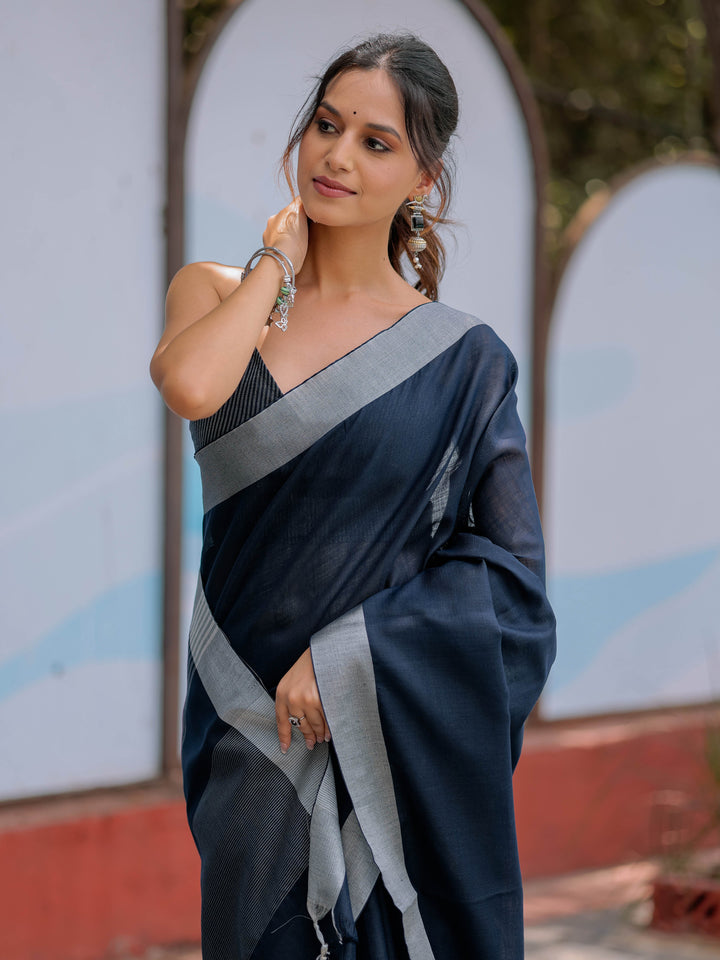 Elegant Midnight Navy Blue Pure Handloom Cotton Saree with Silver Border & Tassel Detailing