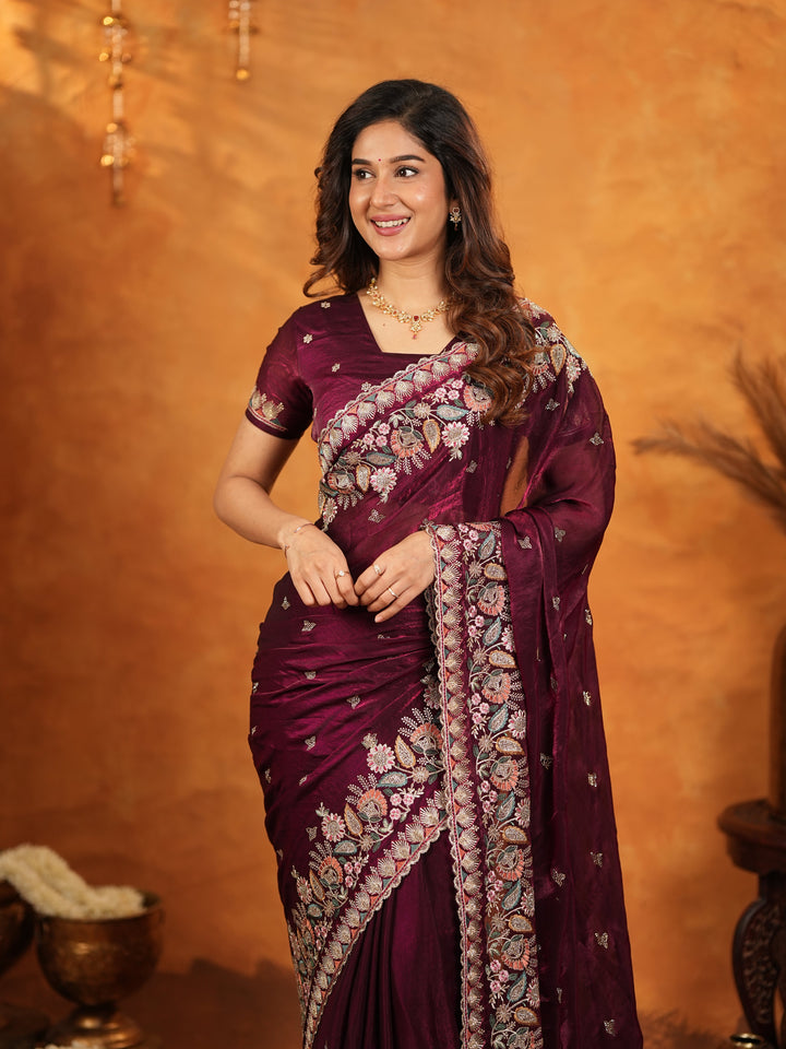 Deep Wine Purple Fendy Satin Embroidered Saree with Heavy Floral Border & Tassels | Designer Saree with Rich Embroidered Blouse