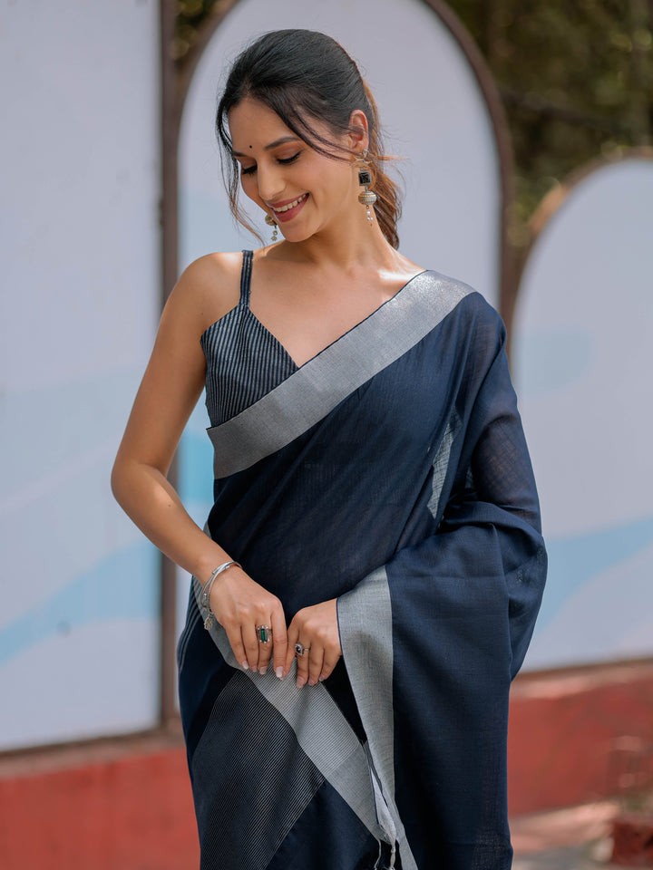 Elegant Midnight Navy Blue Pure Handloom Cotton Saree with Silver Border & Tassel Detailing