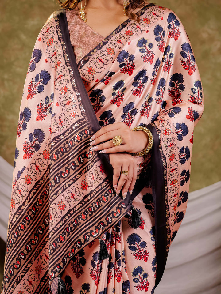 Peach Pink Pure Chinnon Ajrakh Printed Saree with Tassel Edges, Traditional Floral Print & Matching Blouse Piece
