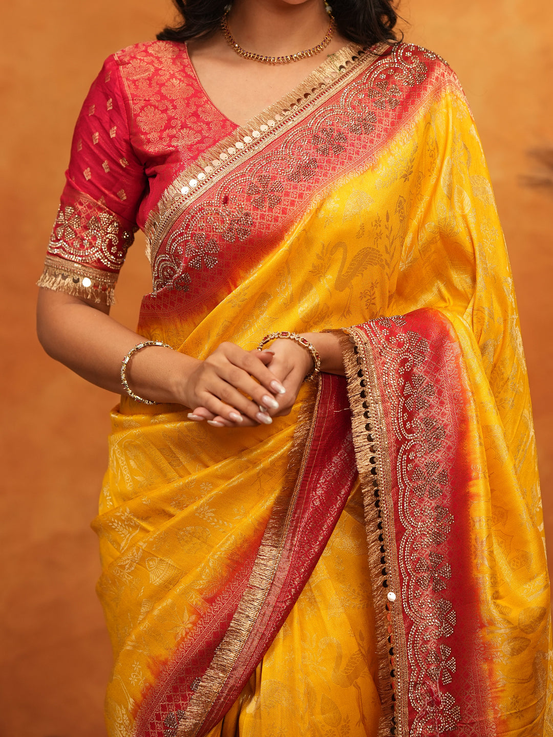 Sunshine Yellow & Red Banarasi Silk Saree with Rich Zari Border & Contrast Pallu | Designer Festive & Wedding Wear Saree
