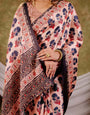 Peach Pink Pure Chinnon Ajrakh Printed Saree with Tassel Edges, Traditional Floral Print & Matching Blouse Piece