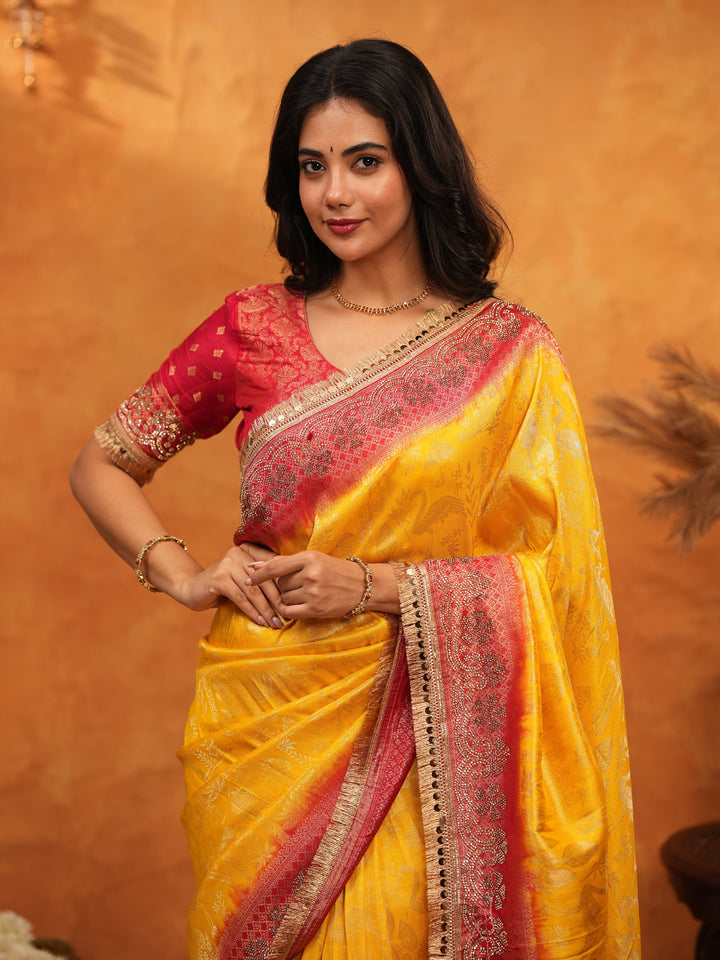 Sunshine Yellow & Red Banarasi Silk Saree with Rich Zari Border & Contrast Pallu | Designer Festive & Wedding Wear Saree