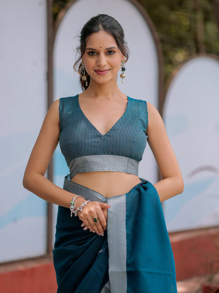 Elegant Teal Blue Pure Handloom Cotton Saree with Silver Border & Tassel Detailing