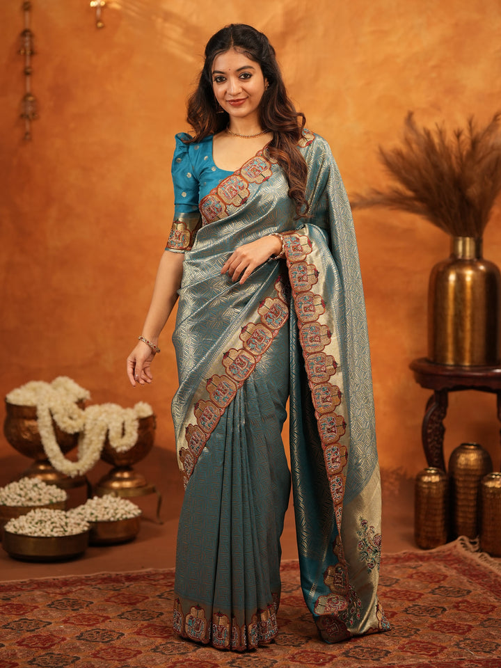 Teal Blue Banarasi Silk Saree with All-Over Zari Weaving & Ornamental Embroidered Border | Designer Wedding & Festive Wear Saree with Blouse
