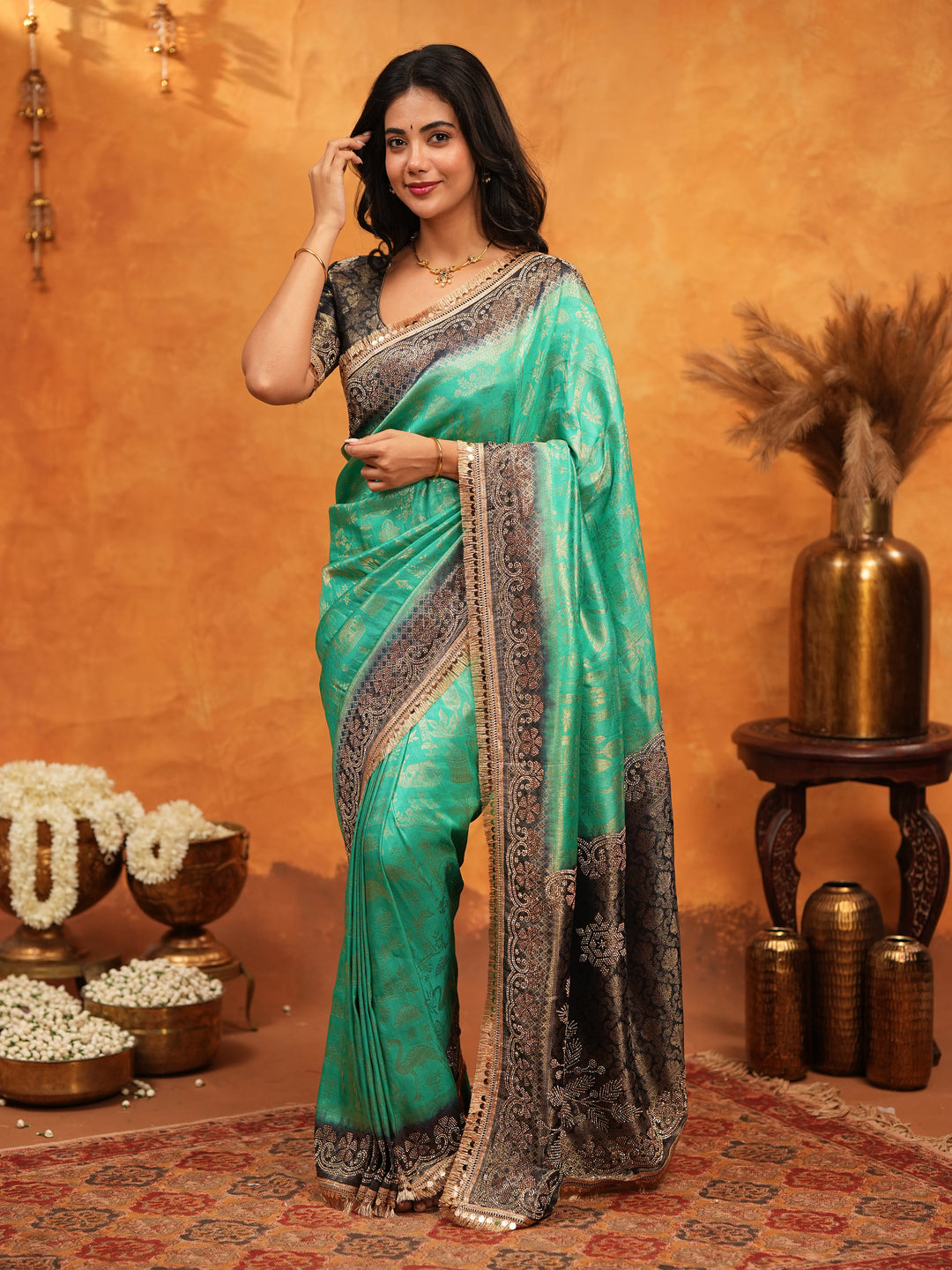 Teal Green & Black Banarasi Silk Saree with Rich Zari Border & Grand Contrast Pallu | Designer Wedding & Festive Wear Saree
