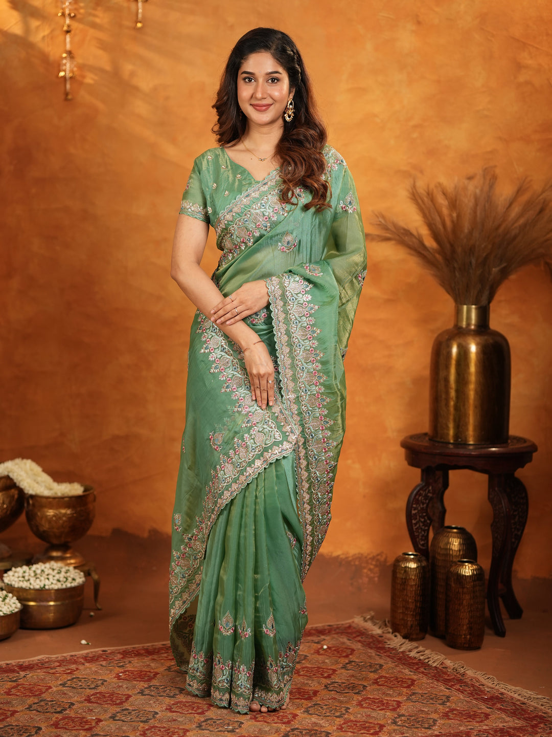 Elegant Mehendi Green Fendy Satin Embroidered Saree with Heavy Floral Border & Designer Pallu | Festive Wear Saree with Embroidered Blouse