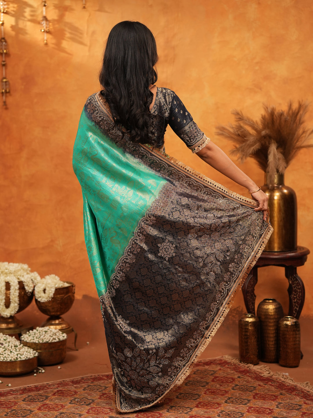 Teal Green & Black Banarasi Silk Saree with Rich Zari Border & Grand Contrast Pallu | Designer Wedding & Festive Wear Saree